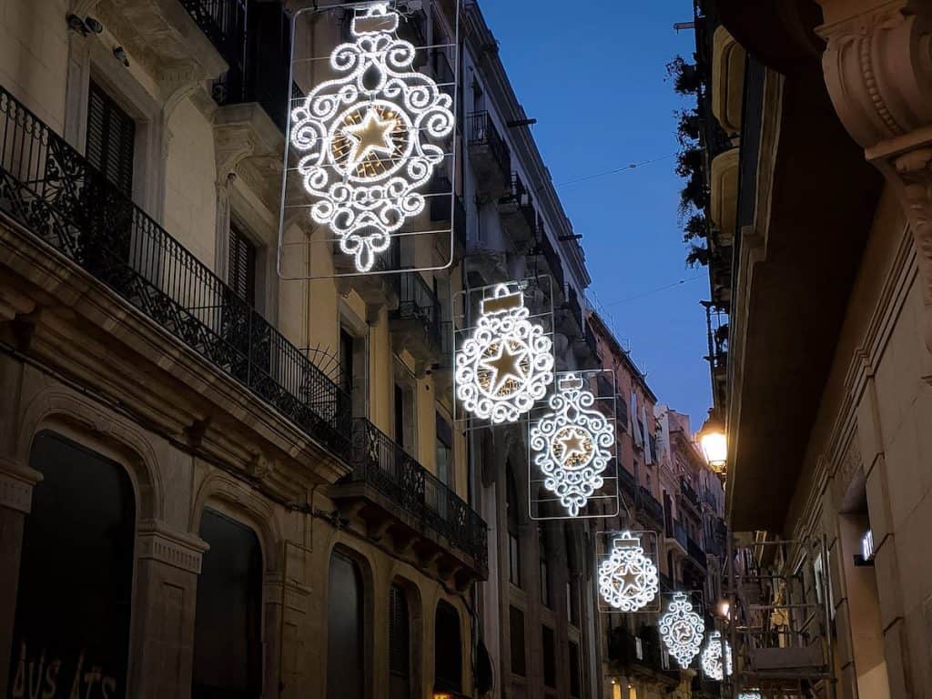 The Christmas lights in one of Barcelona's streets