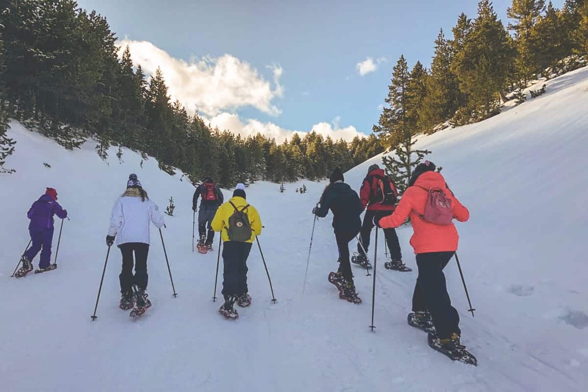 A group of people snowshoeing in the ski resort Port del Comte