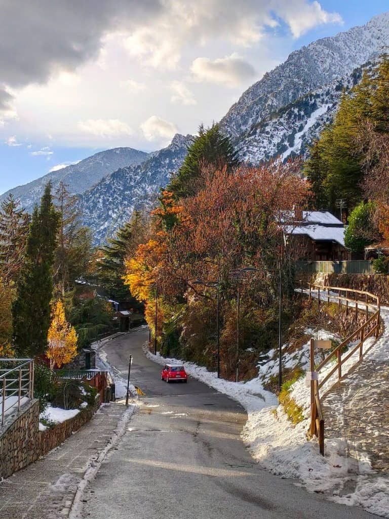 A car driving in Andorra in winter