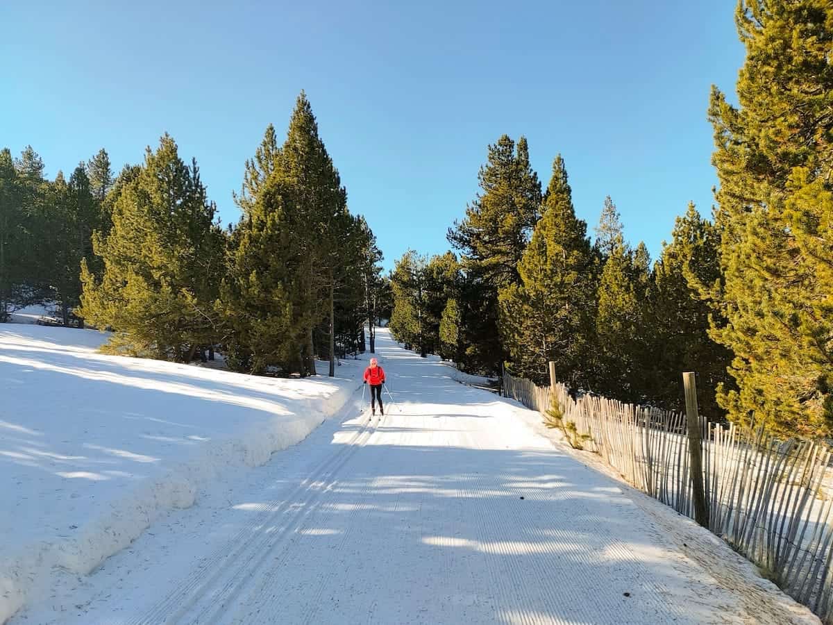 A person practising cross-country skiing in Naturland (Andorra) in winter