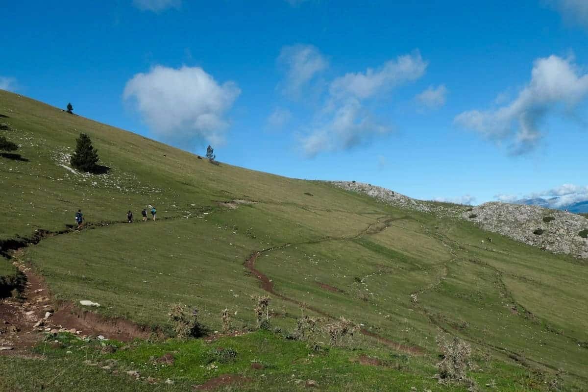 People crossing a meadow during the Cavalls del Vent hike