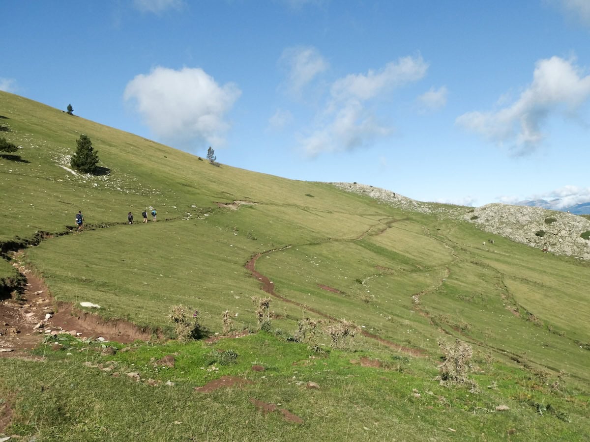 People crossing a meadow during the Cavalls del Vent hike