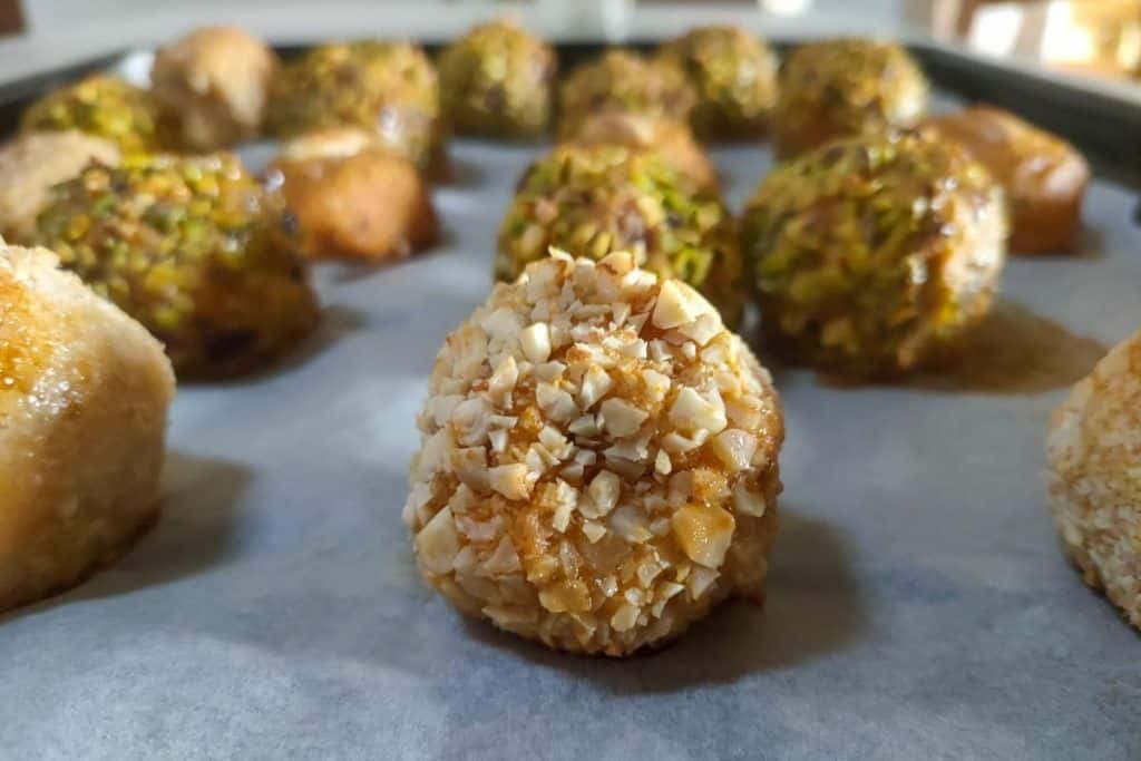 A tray with different kinds of panellets, a dessert we cook in October in Catalonia