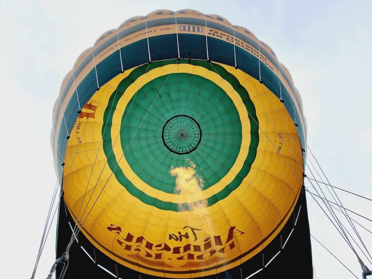 Inflating the hot air balloon to fly near Barcelona