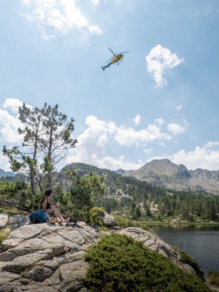 Enjoying lunch at Pessons Lake while watching a helicopter fly above us