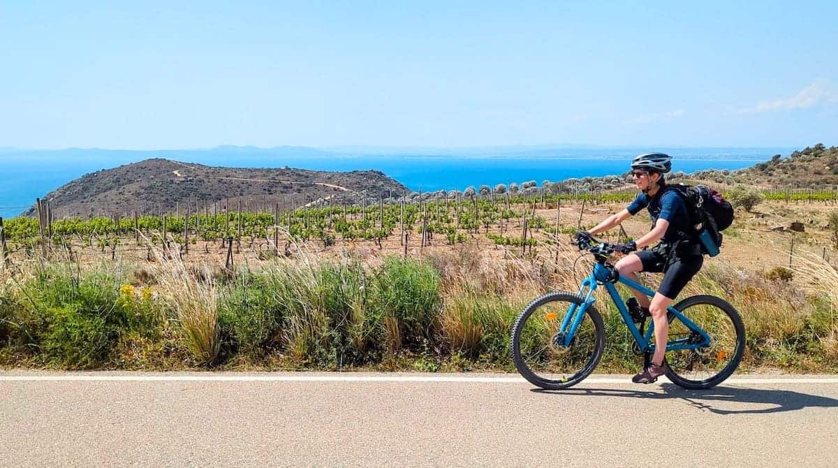 Cycling next to some vineyards overlooking the sea in Costa Brava